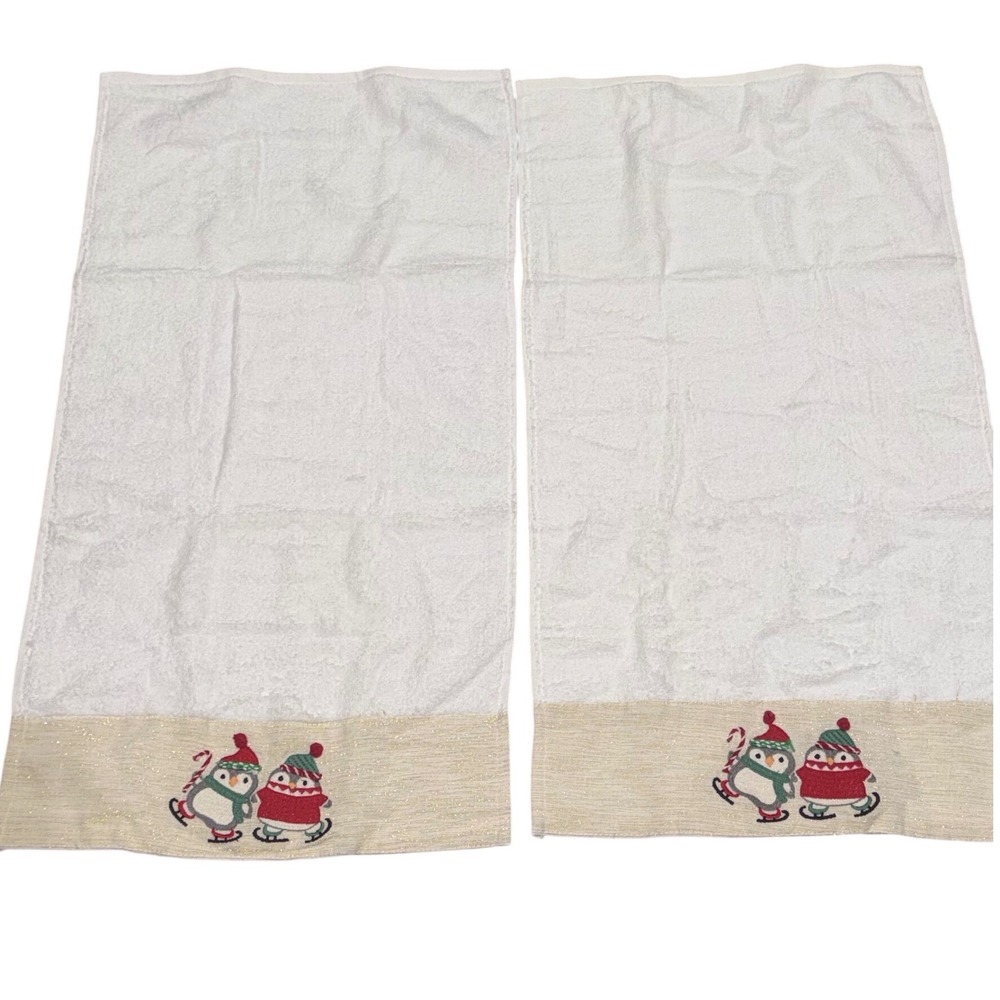 Glitz & Glimmer Christmas Penguin Ice Skating Hand Towels Set of 2 White Gold